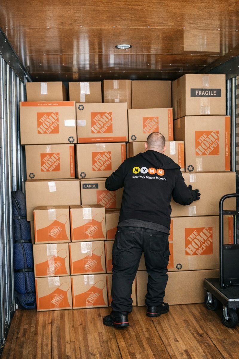 NY Minute Movers crew member stacking boxes in a truck